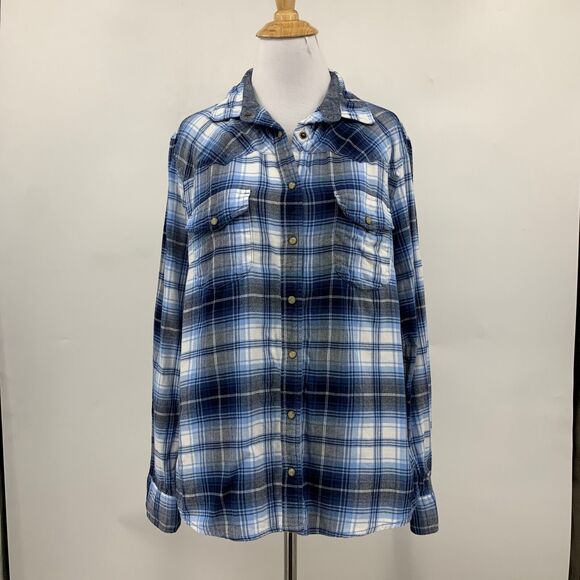 Jachs Girlfriend Shirt Womens M Medium Flannel Blue White Pearl Snap Button Up - Picture 2 of 13